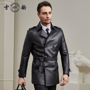 雪豹男士 行政翻领中长收腰皮风衣外套 真皮头层绵羊皮商务休闲时尚
