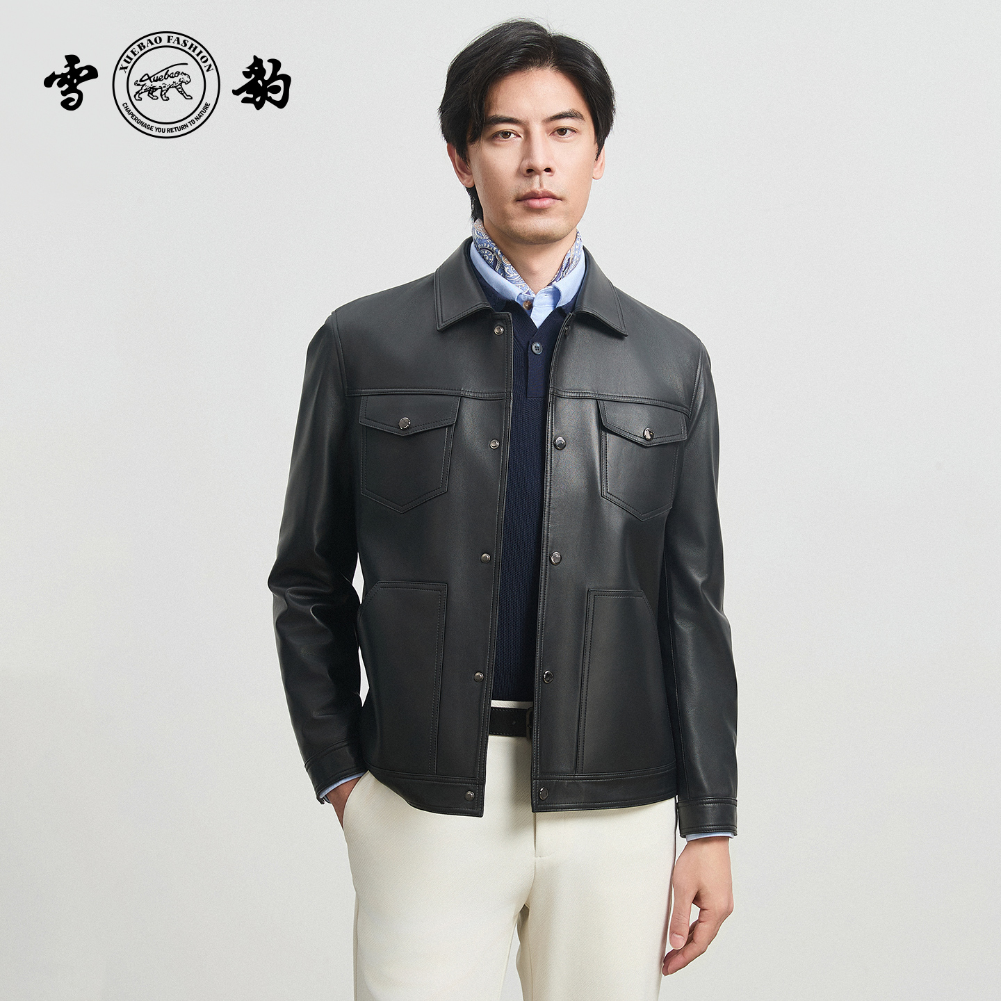 专柜同款新品25秋冬头层绵羊皮通勤时尚真皮男雪豹翻领按扣皮夹克