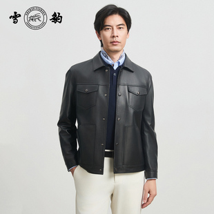 真皮男雪豹翻领按扣皮夹克 25秋冬头层绵羊皮通勤时尚 专柜同款 新品
