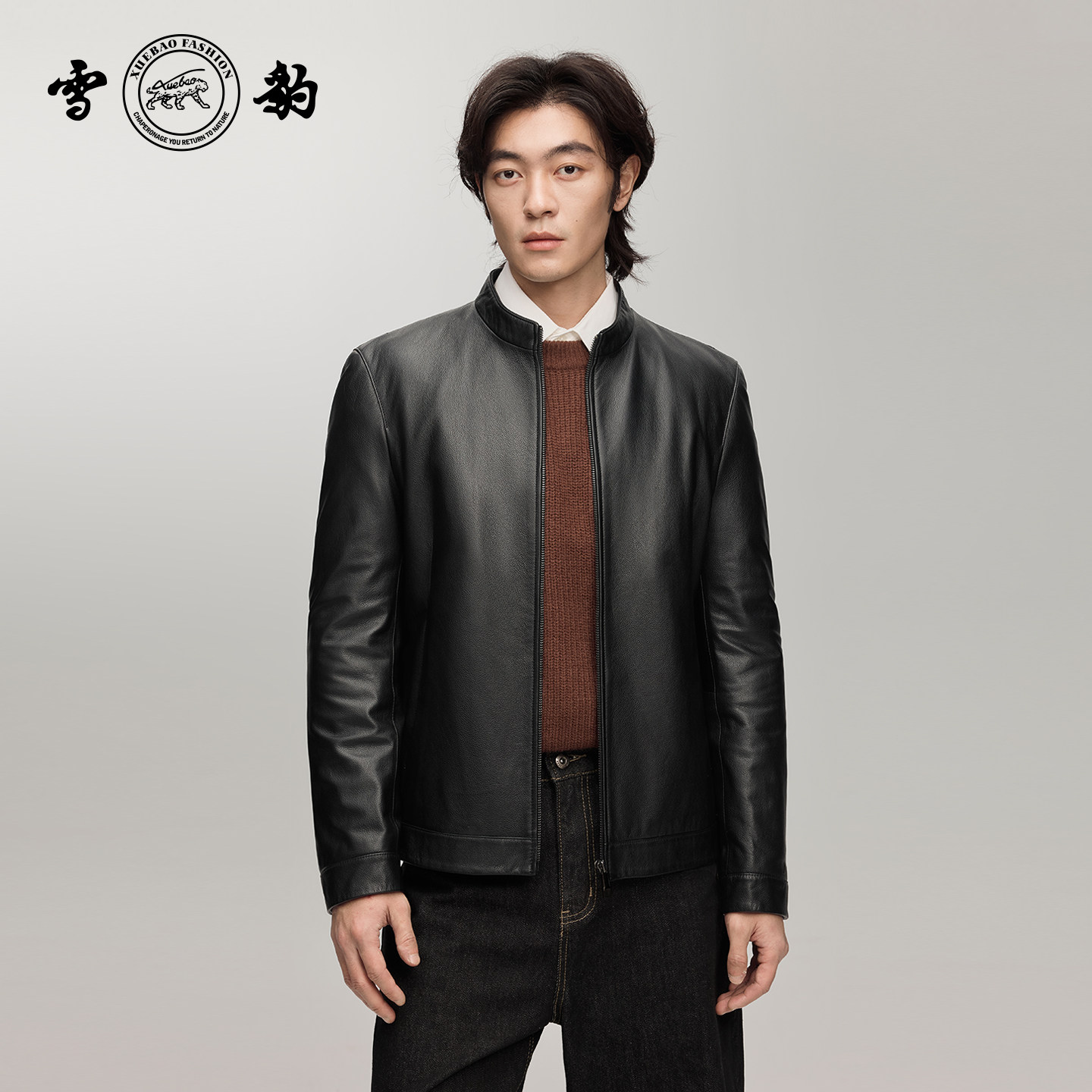 雪豹25秋冬新款头层牛皮真皮皮衣男时尚专柜同款驼绒皮外套夹克