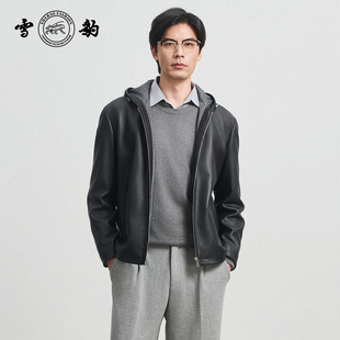 雪豹真皮男头层鹿皮商务休闲时尚 行政简约老钱轻奢连帽短夹克外套