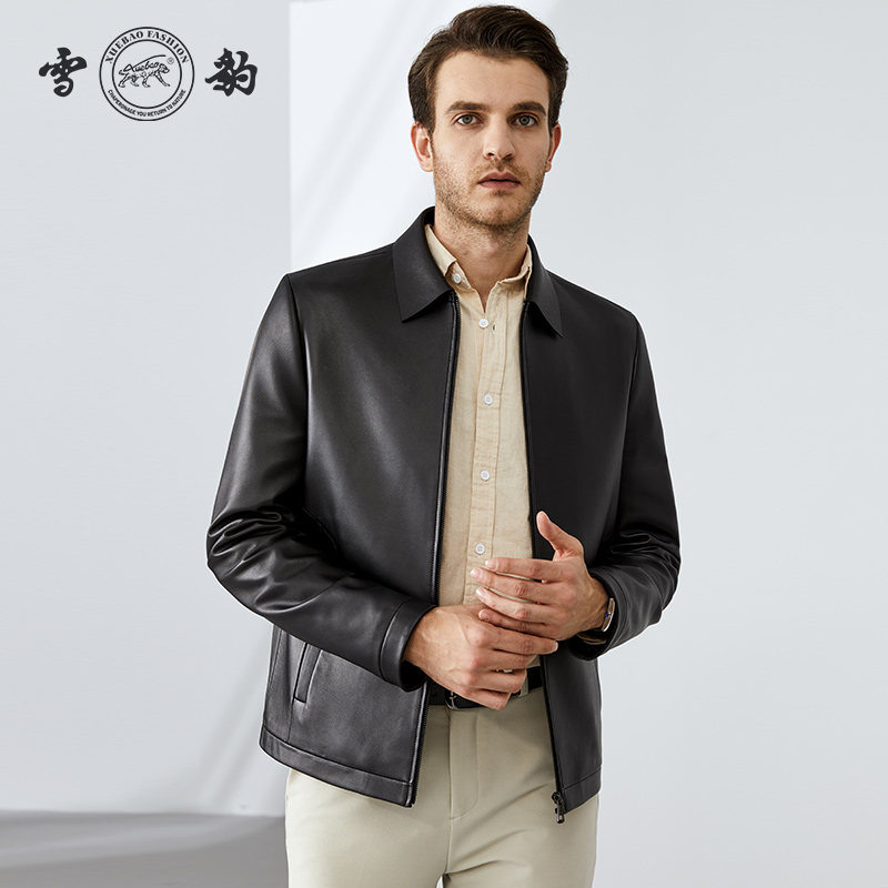 雪豹头层绵羊皮翻领男士皮夹克