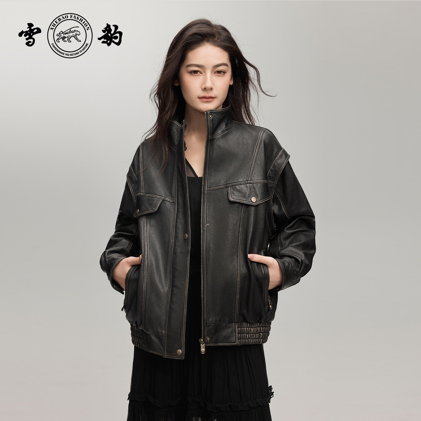 雪豹专柜同款26新款绵羊皮复古时尚真皮皮衣外套男女多口袋皮夹克,女装/女士精品,皮衣,淘宝优惠券,粉丝福利购,淘宝优惠卷