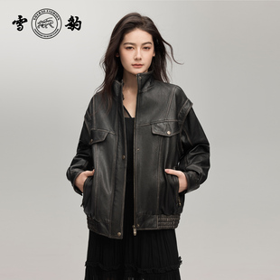 雪豹专柜同款绵羊皮真皮皮衣外套男女同款复古时尚加绒内胆皮夹克