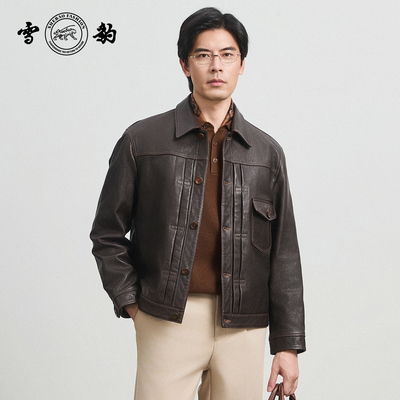 雪豹专柜同款25新款头层山羊皮油蜡复古真皮皮衣男翻领皮夹克外套