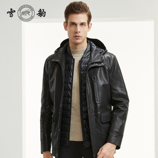雪豹真皮皮衣男头层绵羊皮商务休闲连帽中长皮外套羽绒内胆可拆卸