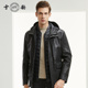 雪豹真皮皮衣男头层绵羊皮商务休闲连帽中长皮外套羽绒内胆可拆卸