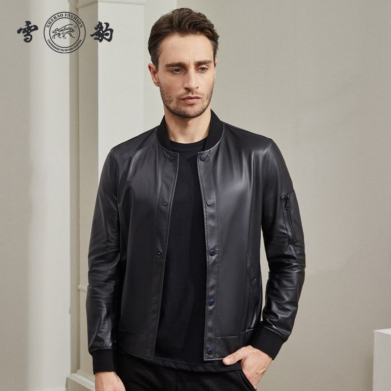 雪豹超薄真皮皮衣棒球领短款秋冬