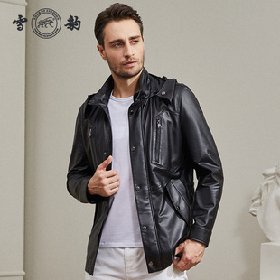 男轻薄皮风衣 修身 雪豹真皮皮衣头层绵羊皮秋新品 连帽可脱卸中长款