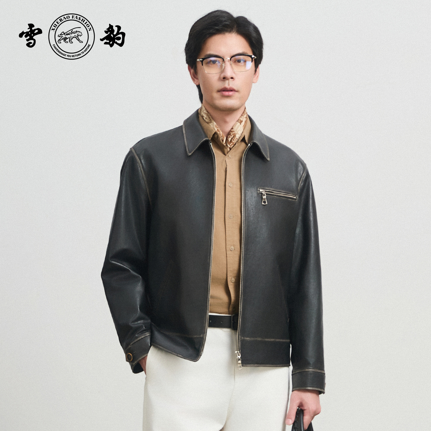 专柜同款新品25秋冬头层绵羊皮复古机车真皮男雪豹擦色拉链皮夹克