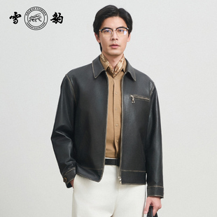 专柜同款 25秋冬头层绵羊皮复古机车真皮男雪豹擦色拉链皮夹克 新品