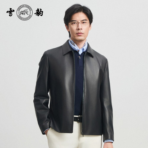 雪豹2025新款头层绵羊皮真皮皮衣外套男商务休闲翻领秋冬皮夹克