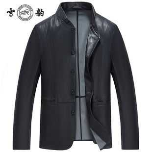 雪豹真皮皮衣男头层绵羊皮商务休闲时尚 体制内立领行政皮夹克外套