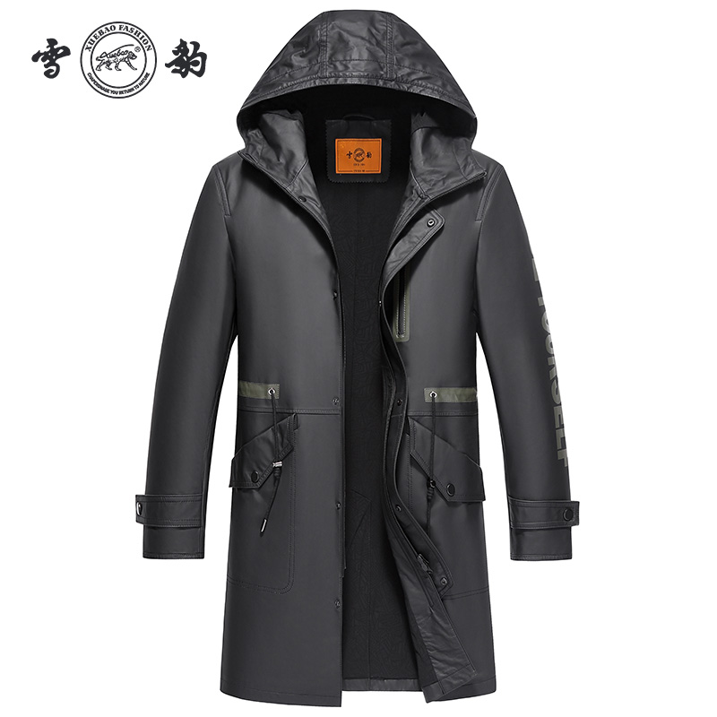雪豹商务休闲连帽男士牛皮风衣