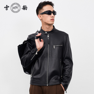 雪豹男士 商务休闲立领短皮衣外套 真皮头层绵羊皮复古机车潮流时尚