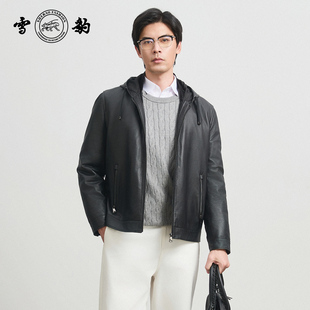 头层鹿皮潮流休闲男真皮雪豹鹅绒内胆连帽皮衣 25冬季 专柜同款 新品