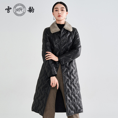 雪豹女士真皮头层绵羊皮时尚潮流轻奢鹅绒内胆水貂毛领长款皮风衣