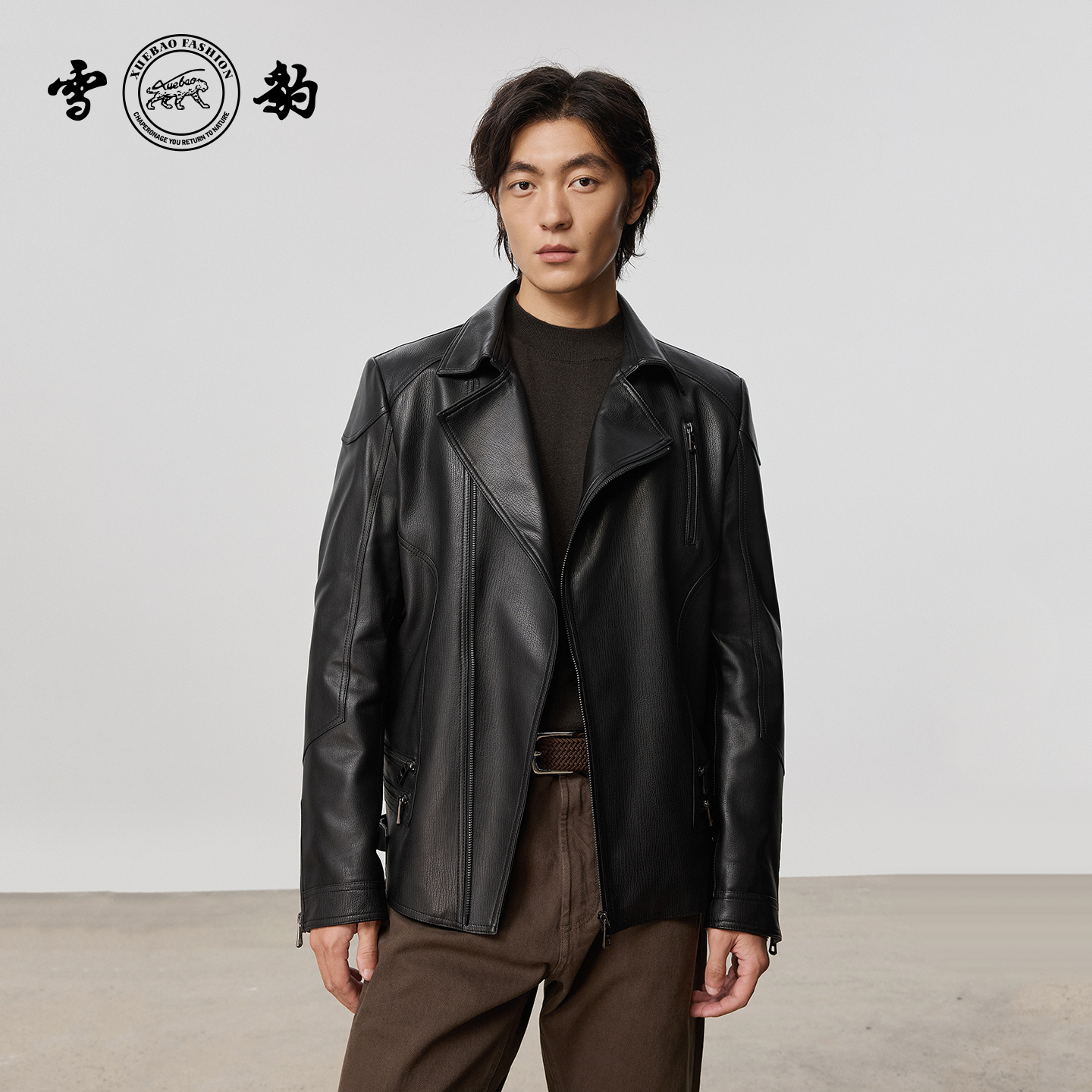 专柜同款新品25秋冬头层绵羊皮复古机车男士真皮皮衣雪豹翻领夹克