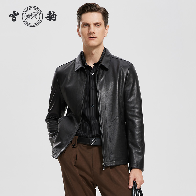 雪豹商务休闲翻领男士真皮夹克