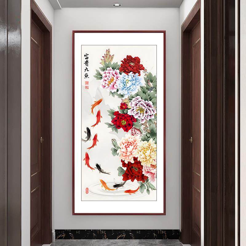 新中式玄关自粘墙贴纸牡丹花入户正对门装饰画客厅花开富贵3d壁纸