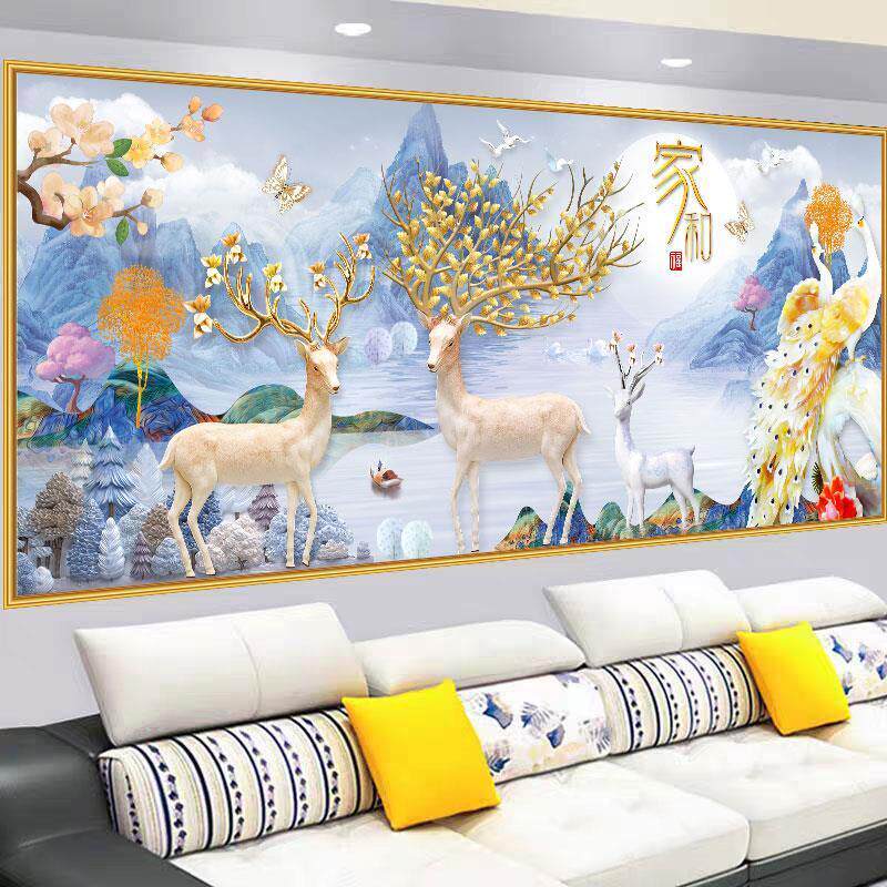 现代风水墙纸办公室自粘风景画客厅沙发背景墙壁画新款麋鹿贴画