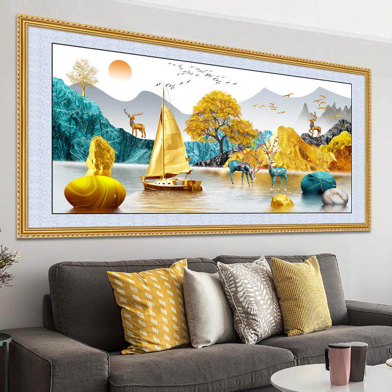 壁画墙贴画简约轻奢山水画客厅装饰画沙发背景墙挂画墙纸自粘壁纸