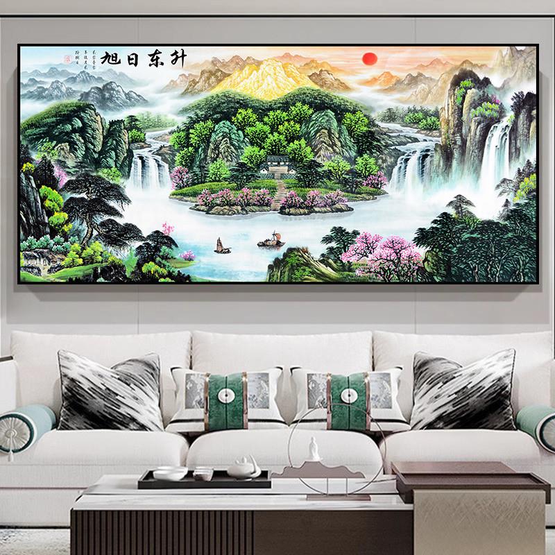 流水生财客厅中式山水画字画壁画办公室背景墙自粘墙贴画自粘贴纸