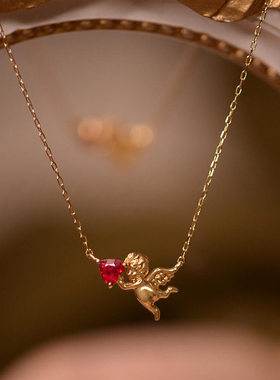 s925红色锆石爱心天使项链送女友