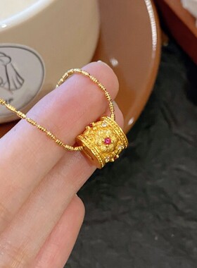 新中式国潮风路路通太阳花小蛮腰项链仿古法鎏金拉丝工艺点钻繁花
