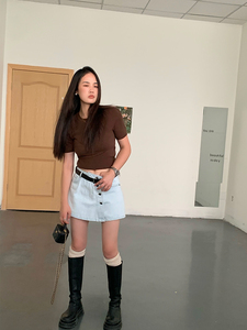 阿树早秋2023新款女装简约短袖羊毛打底衫针织毛衣开衫外套两件套