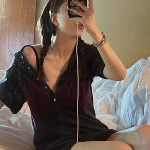 显瘦女麻灰撞色针织连体短裤 阿树家 私服系列排扣修身 阿水 0328