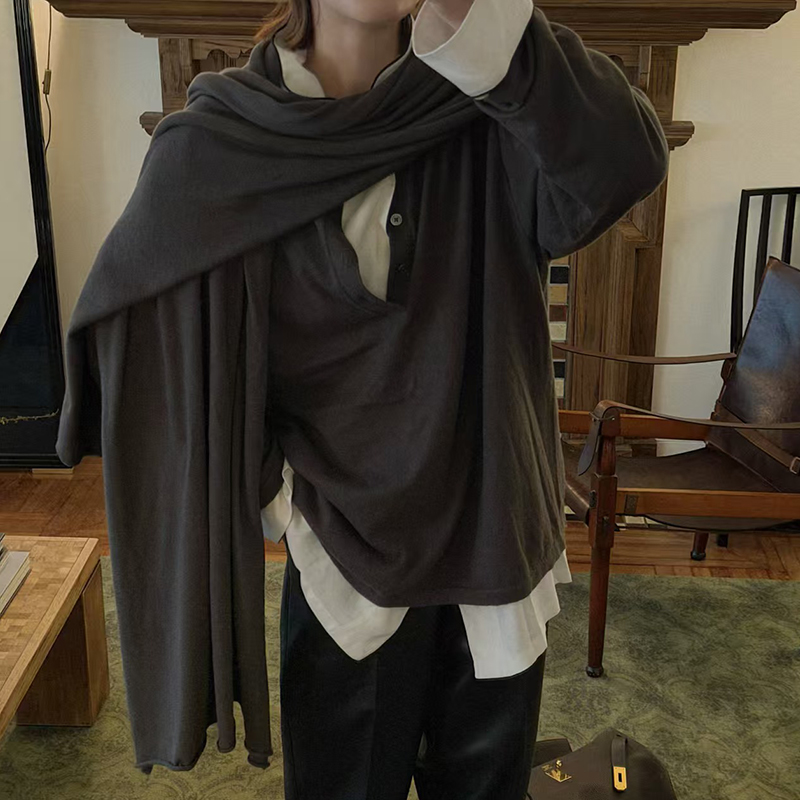 阿树家 阿水 0328|私服系列 咖褐色羊绒棉亨利领毛衣/围巾