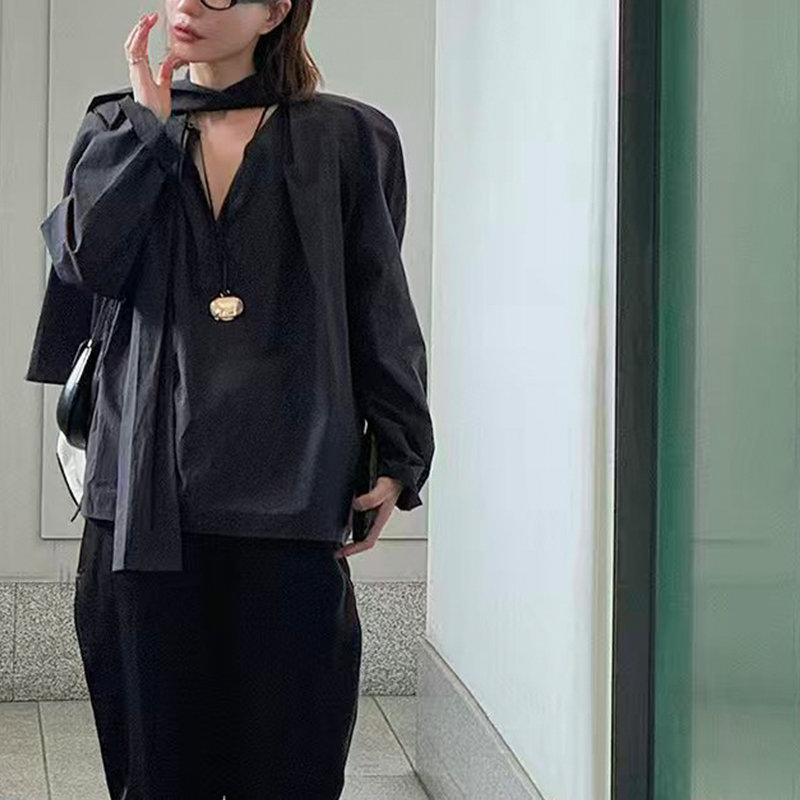 阿树家 阿水 0328|私服系列 深灰色砂洗全棉飘带衬衫