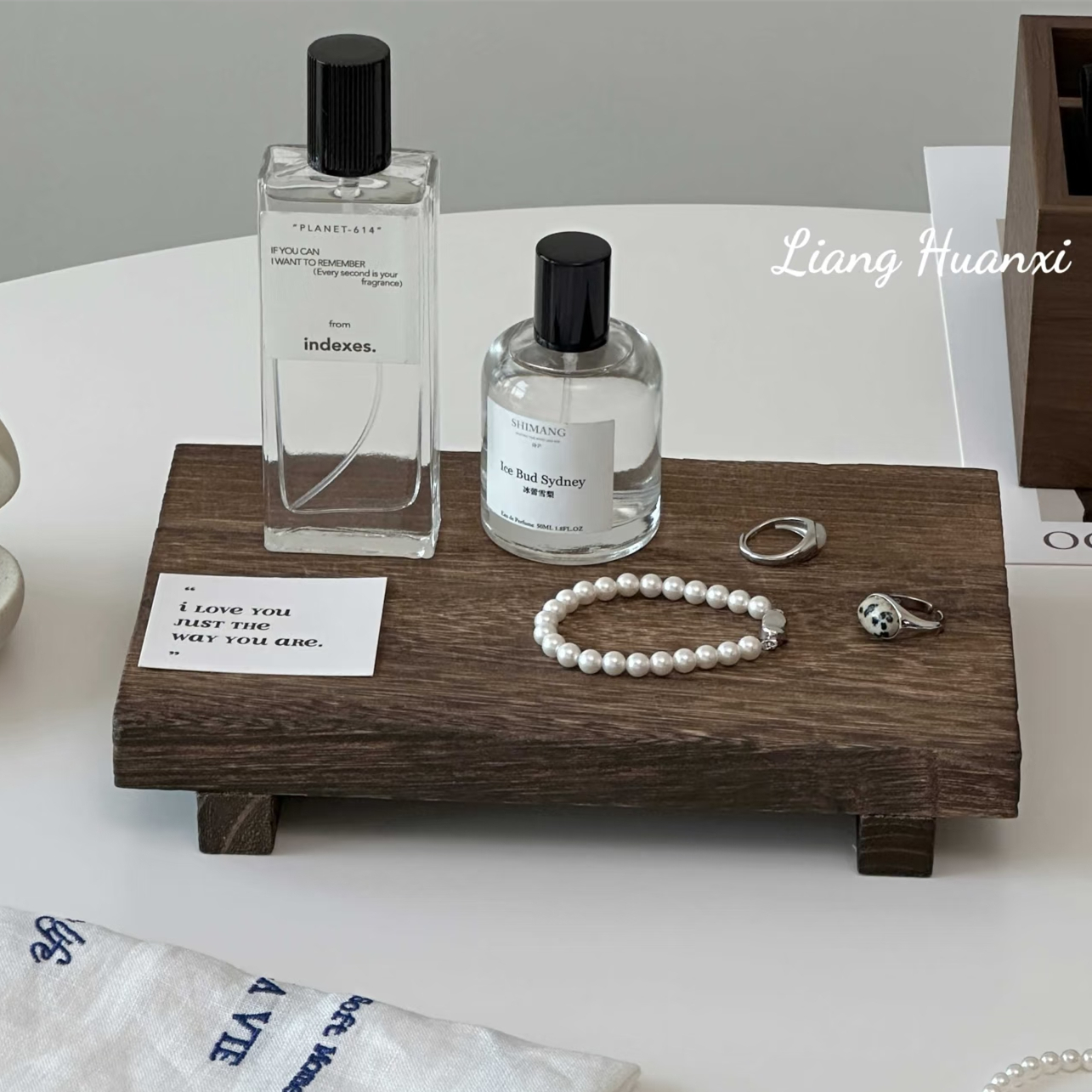 复古实木高脚香薰托盘香水首饰收纳盘方形置物架木质家居装饰摆件