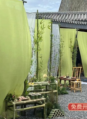 新中式场景布置中国风古风书法纱幔绿色雪纺纱婚礼幔婚庆背景布幔