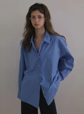 nothing written蓝色衬衫女2025夏季新款韩设计师款显白长袖衬衣