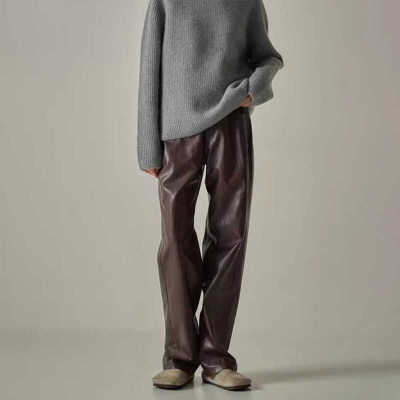 直筒阔腿长裤女皮裤宽松休闲