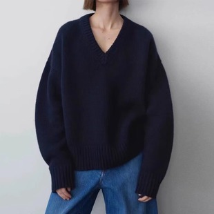 极简风设计加厚保暖v领软糯羊绒套头针织衫 ROW 羊毛毛衣女春秋季
