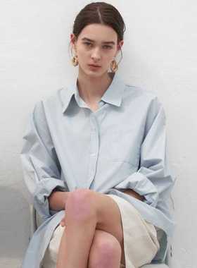 MOIA极简蓝色衬衫女2025春秋新款韩版宽松小众设计感长袖衬衣女装