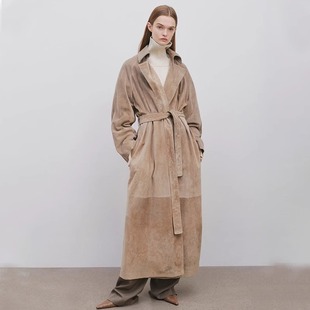 ROW 女装2025春秋季新款系带宽松灰褐色皮衣大衣女麂皮绒外套上衣