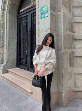 韩系百搭白色立领短款风衣女春秋收腰宽松英伦风廓形外套QD82183