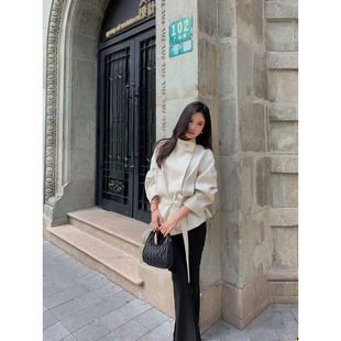 韩系百搭白色立领短款风衣女春秋收腰宽松英伦风廓形外套QD82183