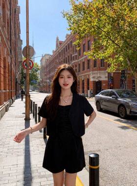 高级感短袖西装外套女夏季压褶显瘦短款连体裤两件套7129