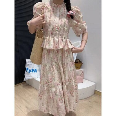 【金金宠粉】复古宫廷风套装女压褶碎花衬衫茶歇裙子新款两件套