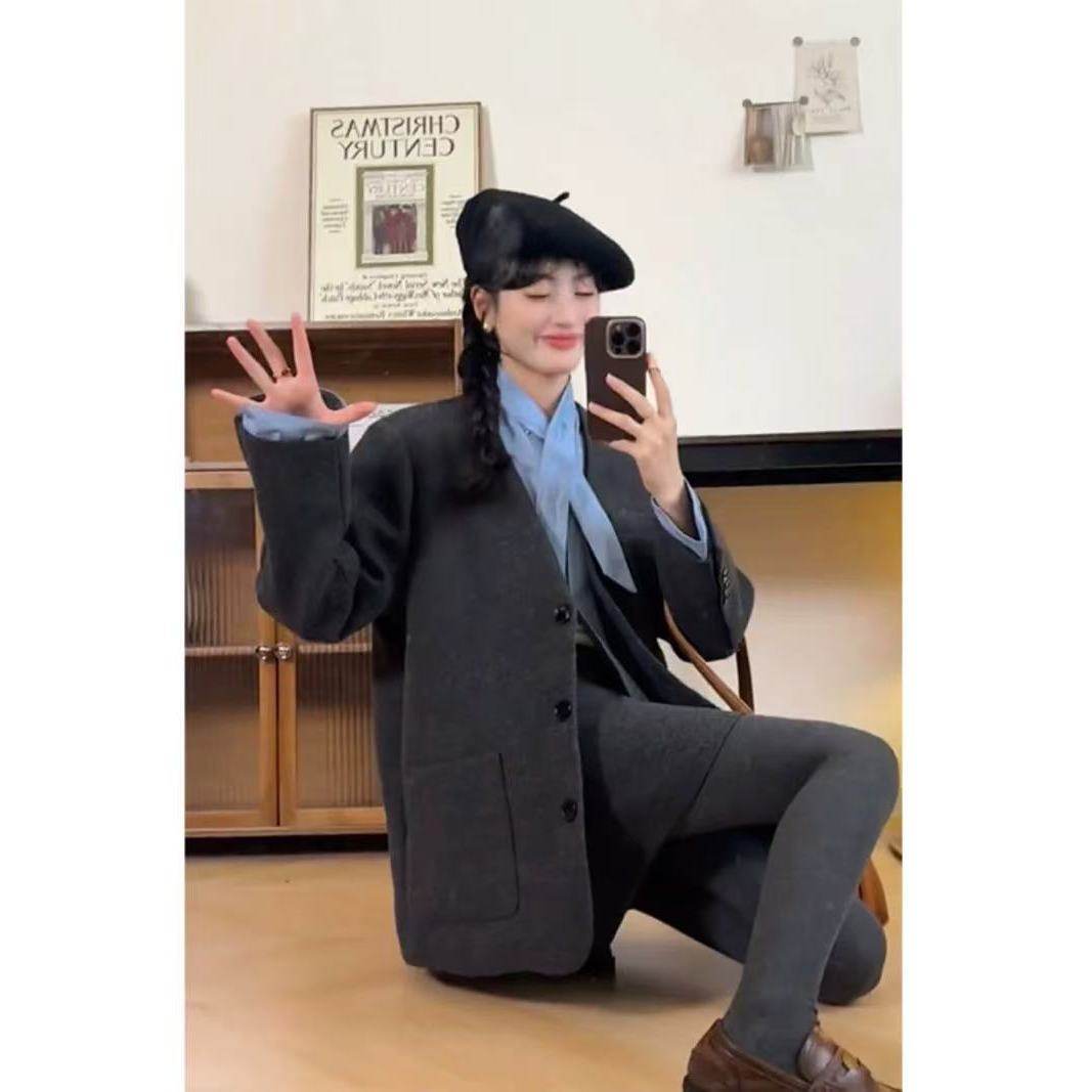 【爆米花专享】2025秋冬新款韩版宽松时尚毛呢西装外套半身裙套装