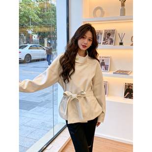 韩系百搭白色立领短款风衣女春秋收腰宽松英伦风廓形外套QD82183