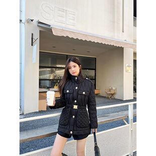 秋冬时尚 休闲棉服立领收腰通勤外套QD82766 菱形格子中长款