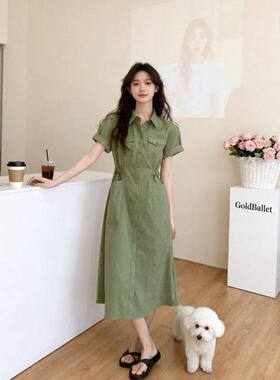 法式复古短袖工装连衣裙女春季收腰显瘦休闲气质衬衫长裙QD60693