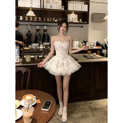 纯欲碎花连衣裙公主生日蓬蓬裙子抹胸新款小礼服QD87528