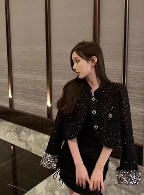 【爆米花专享】黑色外套新款重工亮片高级感时尚短款上衣23376